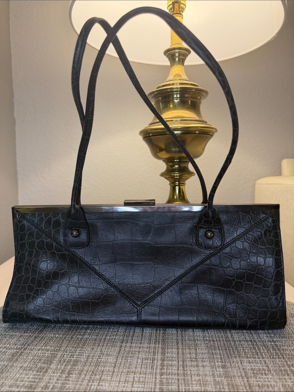 Via Spiga Black Leather Croc-Embossed Shoulder Bag